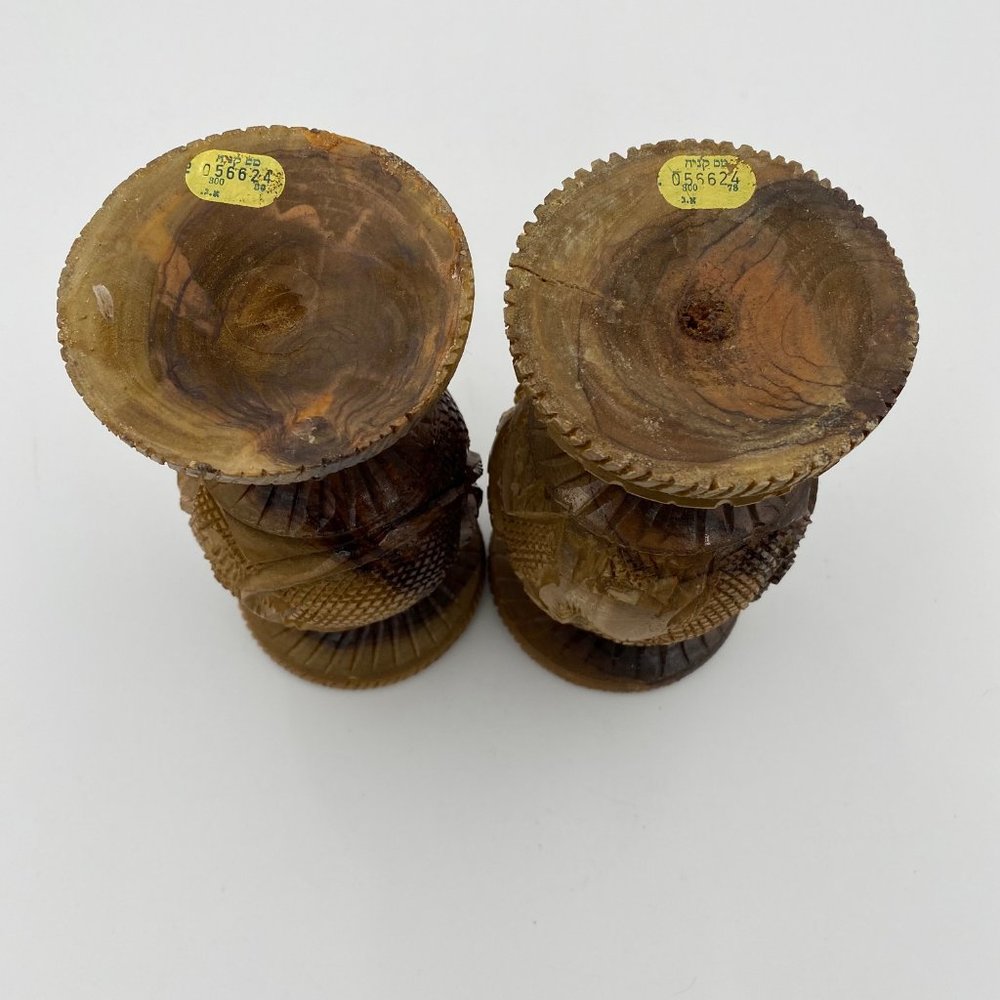 Lot of 2 Vintage Hand Carved Olive Wood Vase Camel Palm Tree Animal Plant Israel - Picture 7 of 9